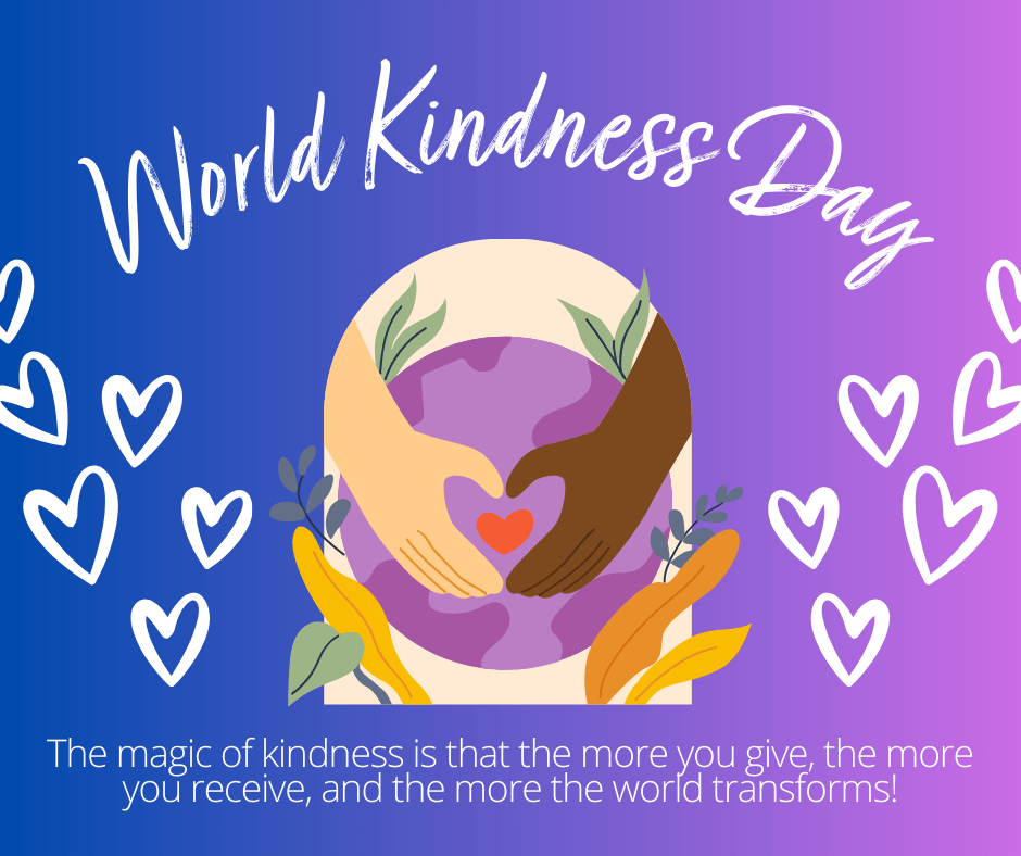 Illustration of diverse hands holding a heart, surrounded by hearts, text reads "World Kindness Day" and a kindness quote. - Home Instead