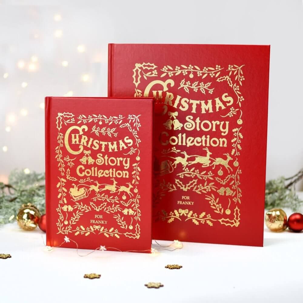 Two red books titled "Christmas Story Collection" with gold decorations, surrounded by festive lights and ornaments. - Home Instead
