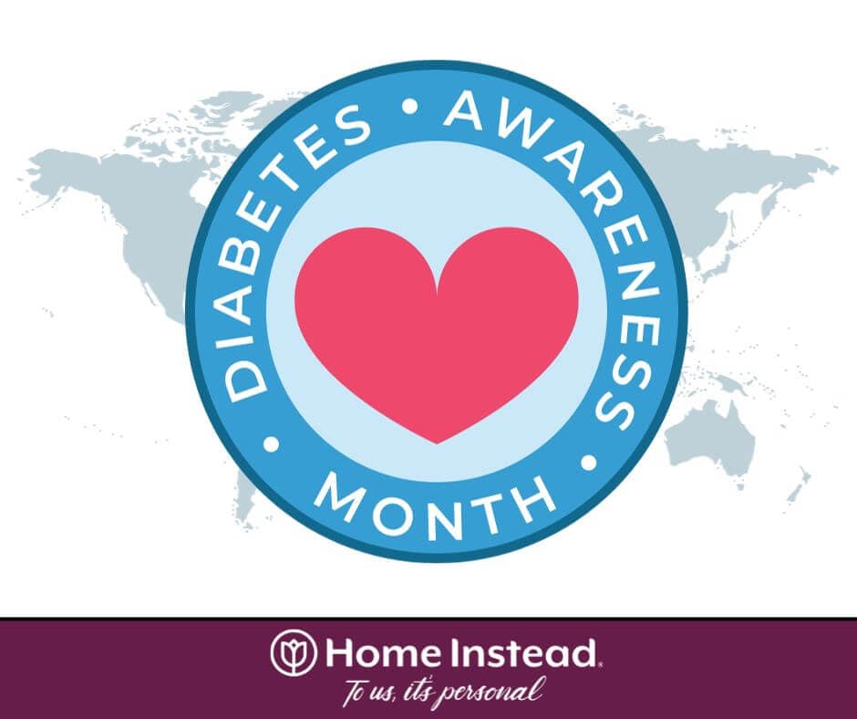 A heart inside a blue circle with "Diabetes Awareness Month" text, and "Home Instead" logo below. - Home Instead