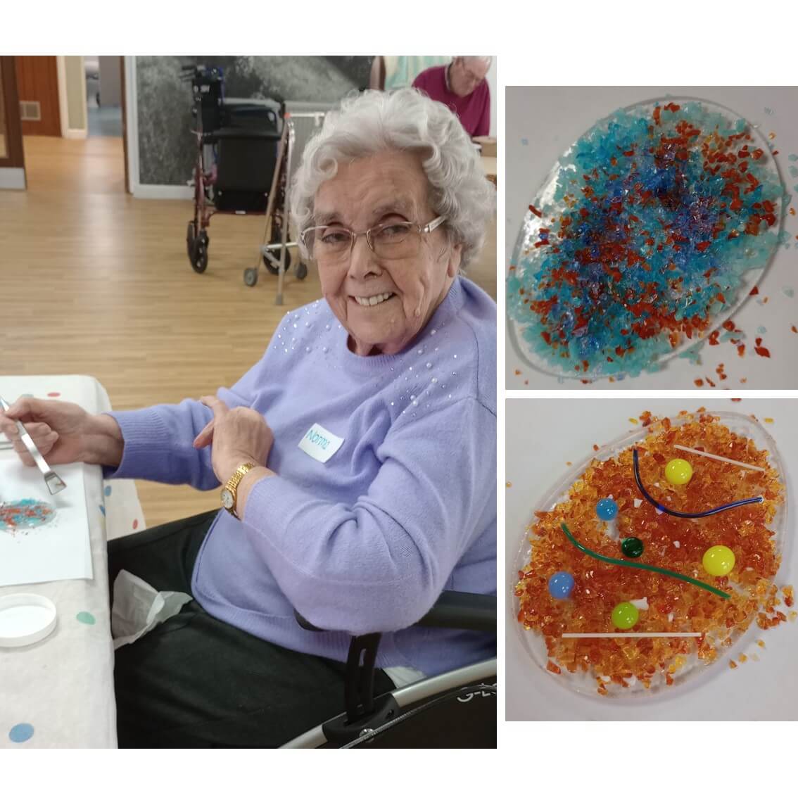 Elderly woman smiling and crafting with colorful beads and materials at a table. Two close-ups of her art pieces are shown. - Home Instead