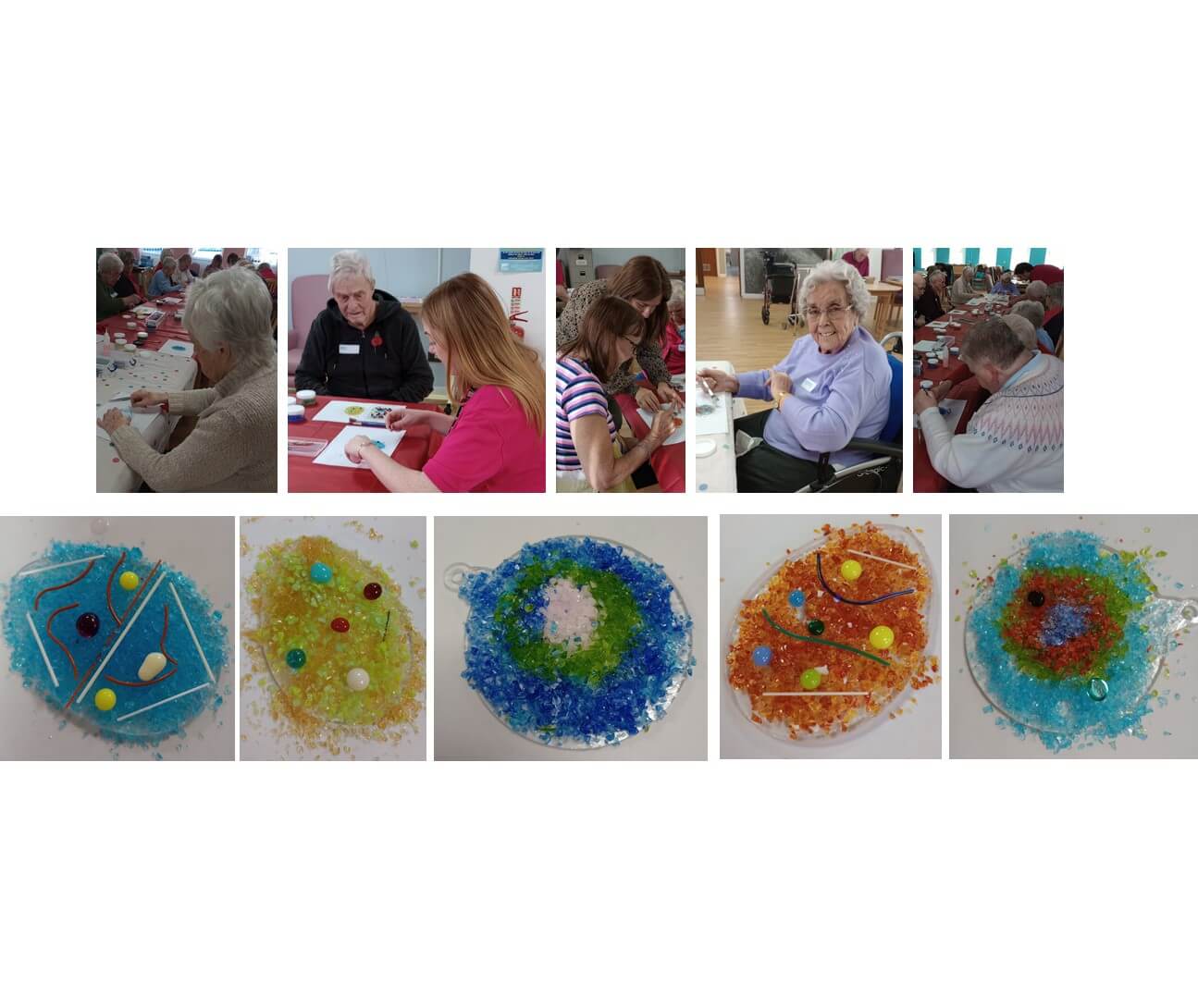 People creating mosaic art with colorful materials; completed mosaic pieces are displayed below participants working. - Home Instead