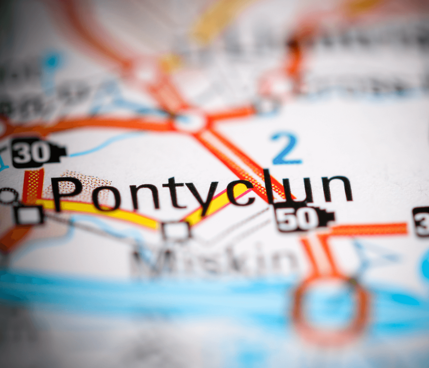 Close-up of a map highlighting Pontyclun with nearby roads and locations partially visible. - Home Instead