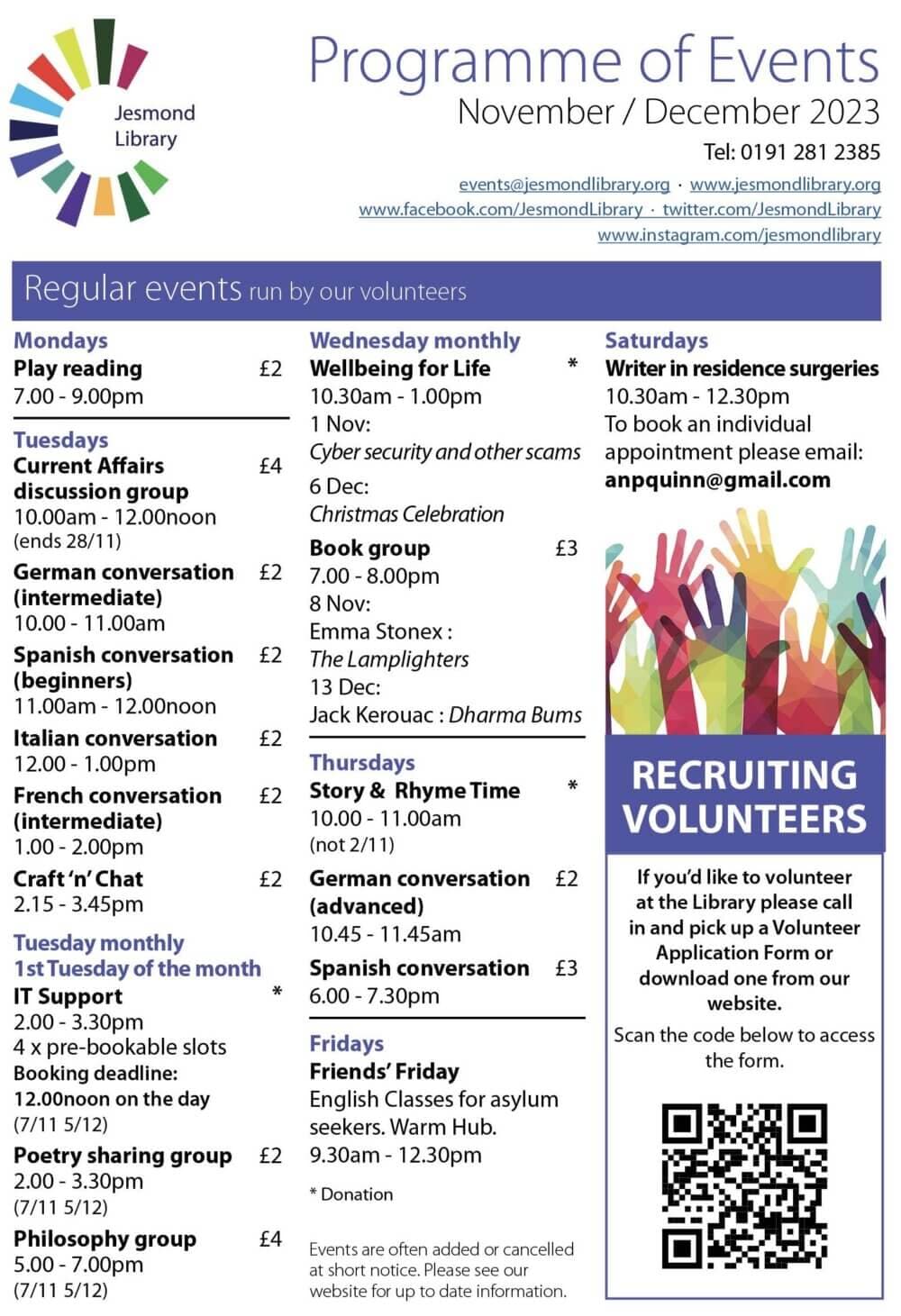 Flyer listing events at Jesmond Library for November/December 2023, featuring language groups, wellbeing sessions, and author talks. - Home Instead