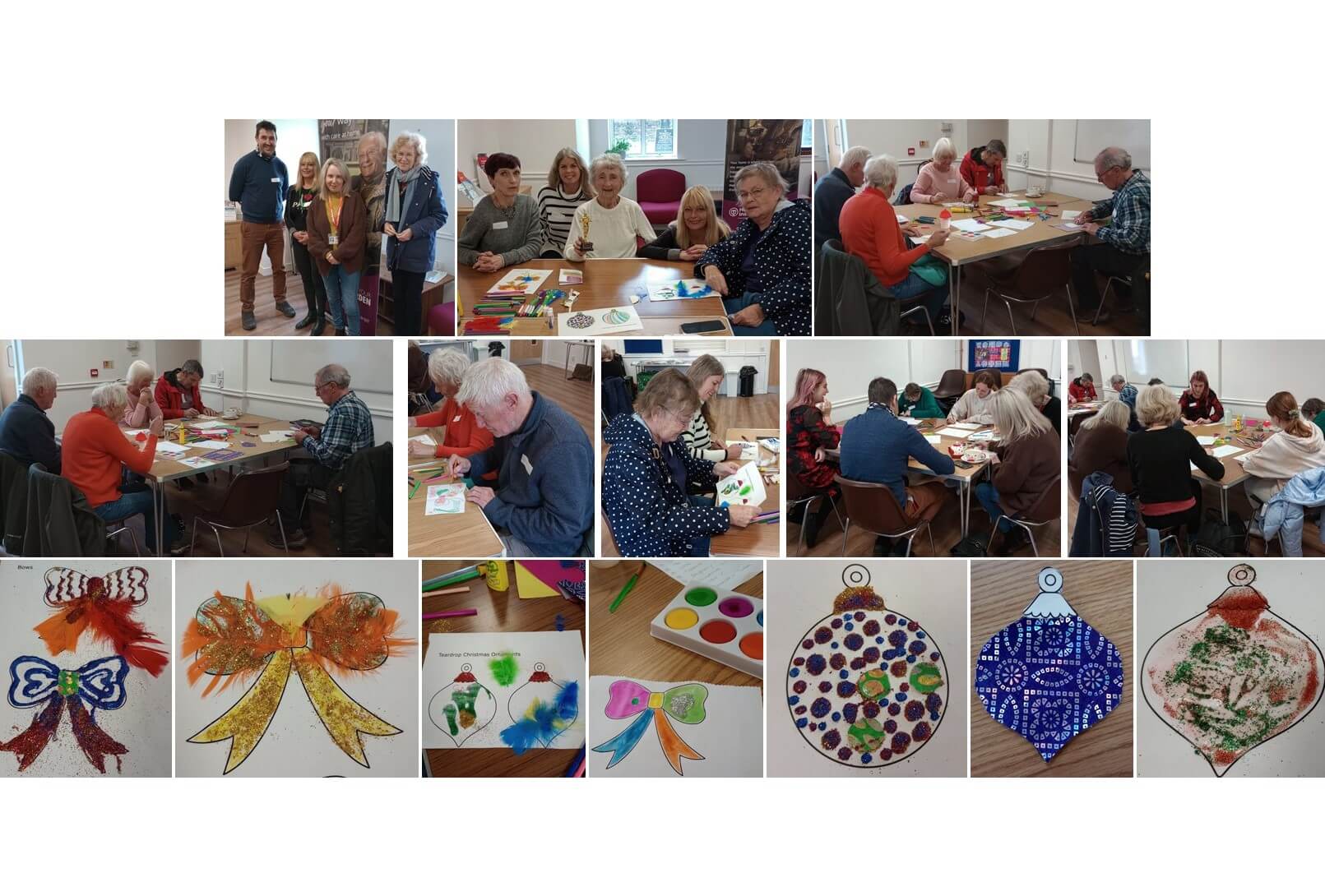 People seated around tables, creating holiday crafts and decorations; various colorful ornaments displayed. - Home Instead