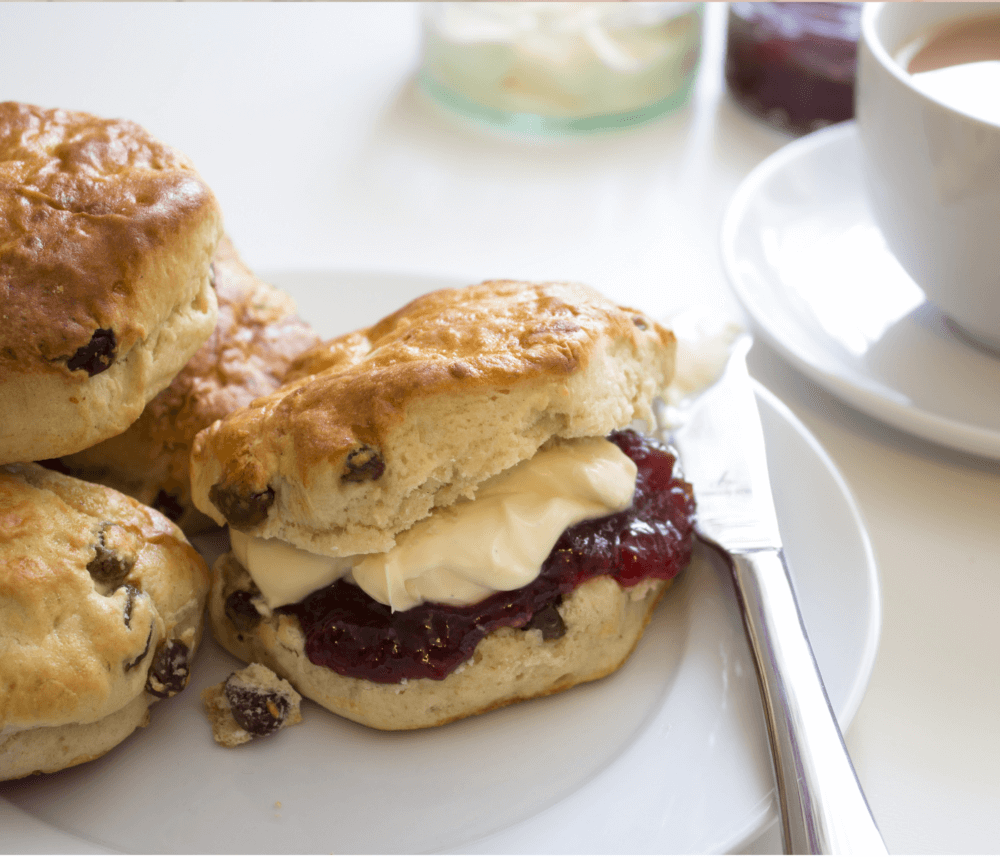 Close-up of scones with cream and jam on a plate, a knife, and a cup of tea in the background. - Home Instead