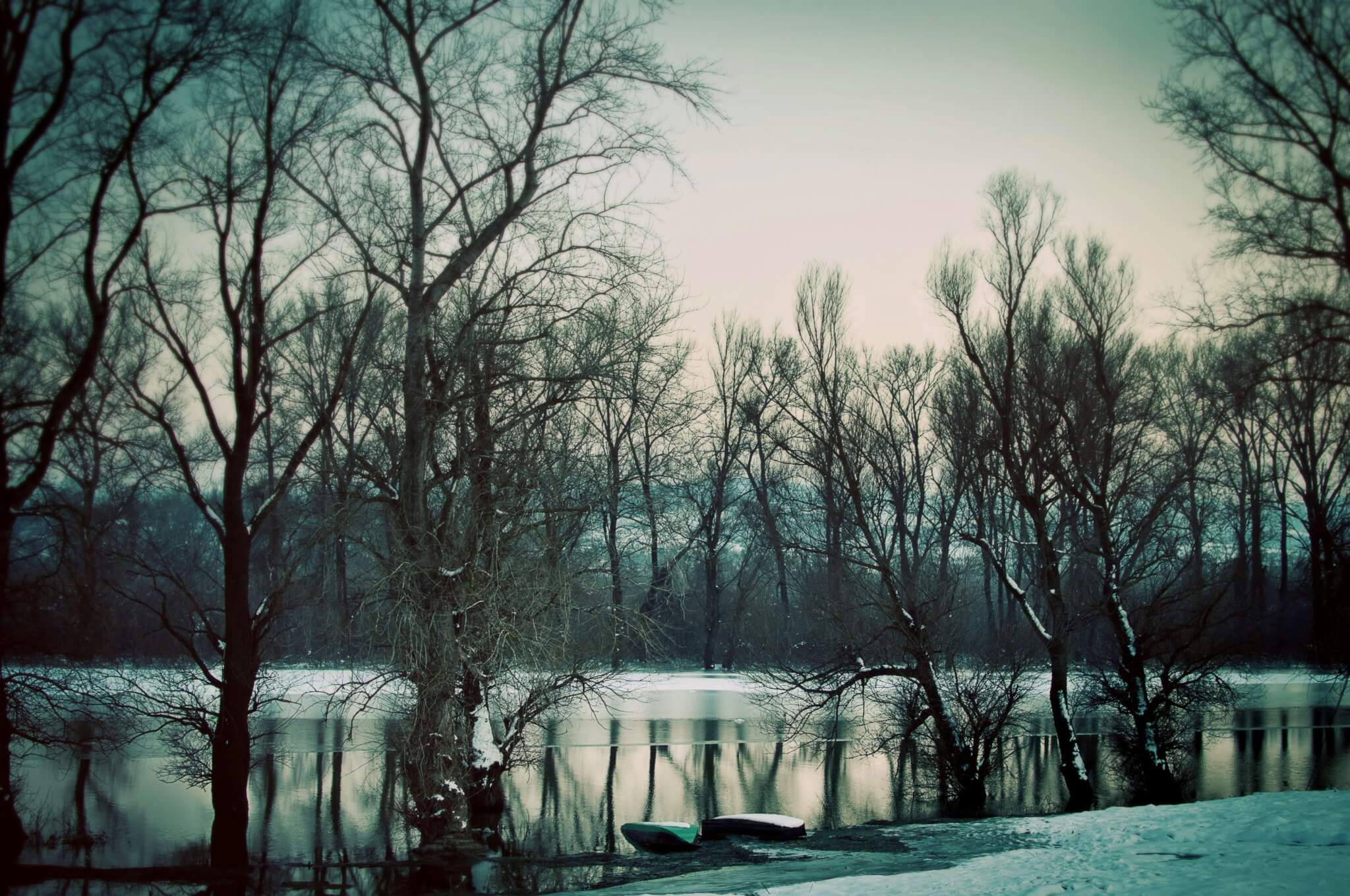 Leafless trees by a calm river in winter, with two small boats on the snowy riverbank and a soft evening sky. - Home Instead