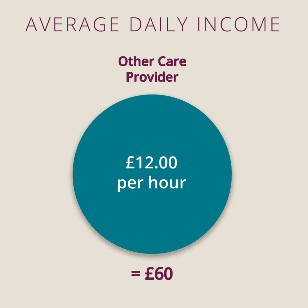 A graphic showing "Other Care Provider" with £12.00 per hour and a total of £60 for average daily income. - Home Instead