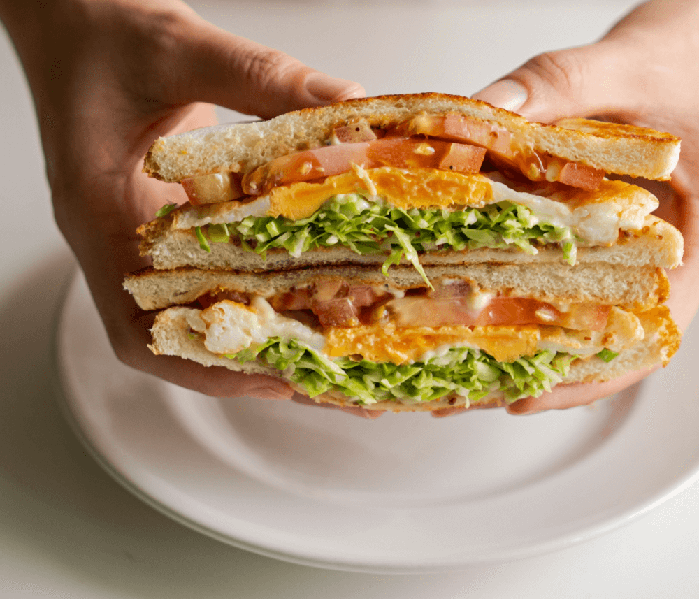 Hands holding a stacked sandwich with lettuce, tomato, and egg slices on toasted bread over a white plate. - Home Instead