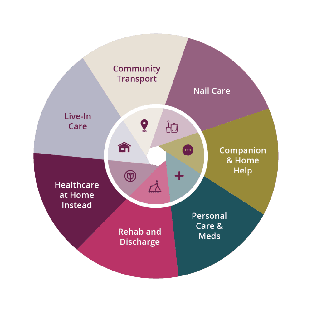 A pie chart illustrating eight community care services, including Nail Care, Live-In Care, and Rehab and Discharge. - Home Instead