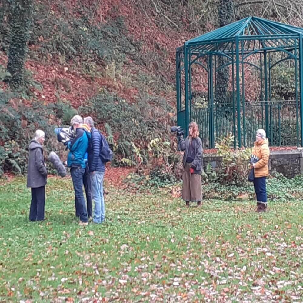 A group of six people gathered in a park in front of a gazebo, some filming and others interacting. - Home Instead