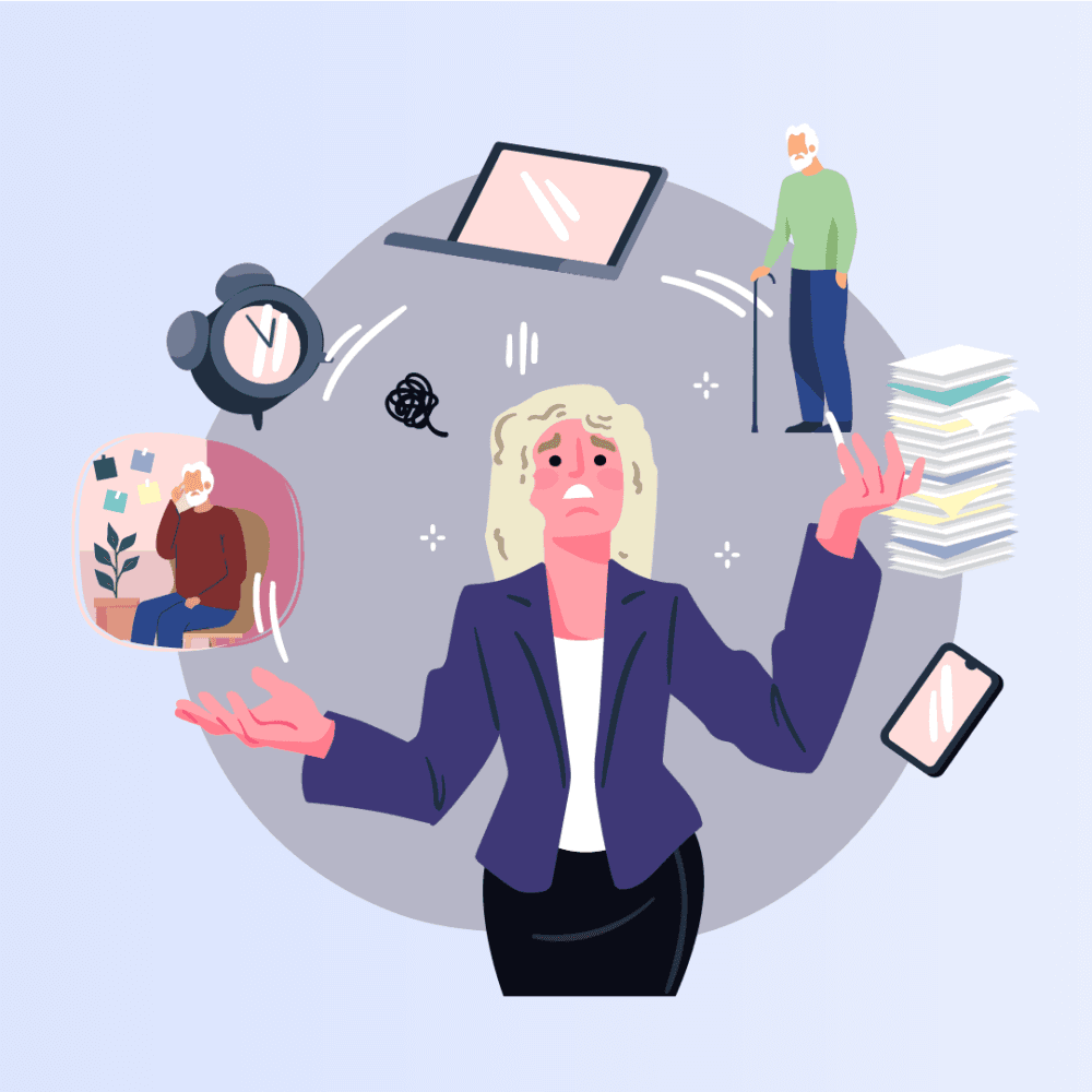 Illustration of a stressed woman juggling a laptop, clock, phone, papers, elderly person, and a sick person. - Home Instead