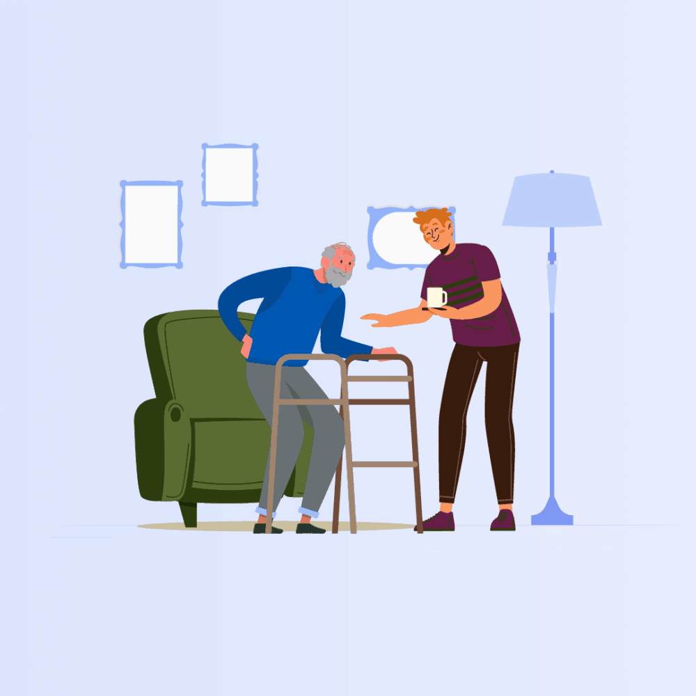 An elderly man uses a walker as a younger person offers him a cup in a living room setting. - Home Instead