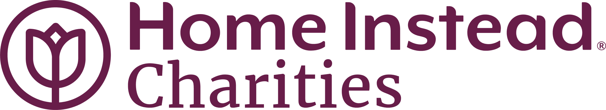 Logo of Home Instead Charities with a tulip icon on the left and text written in purple font. - Home Instead