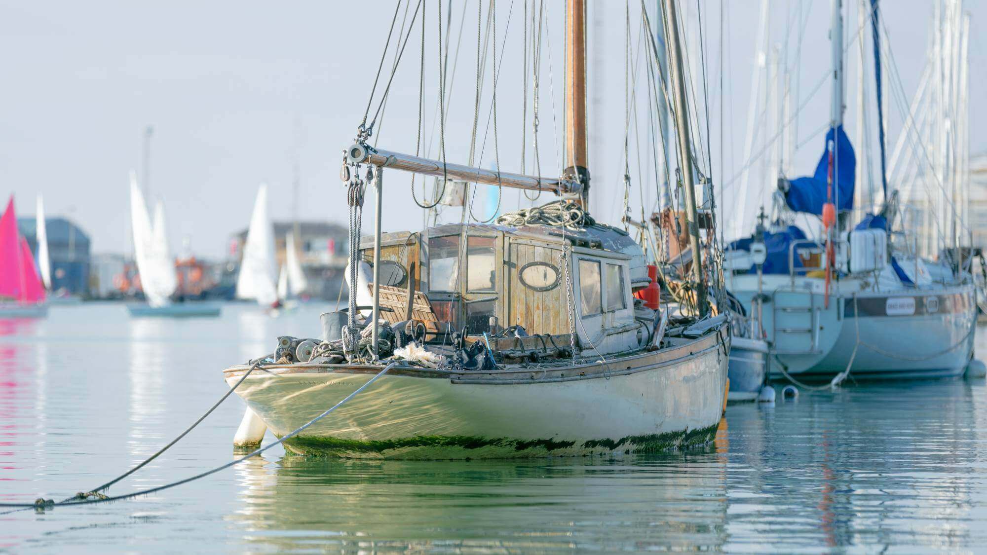 Old wooden sailboat moored in a calm harbor with other boats and sailboats in the background. - Home Instead