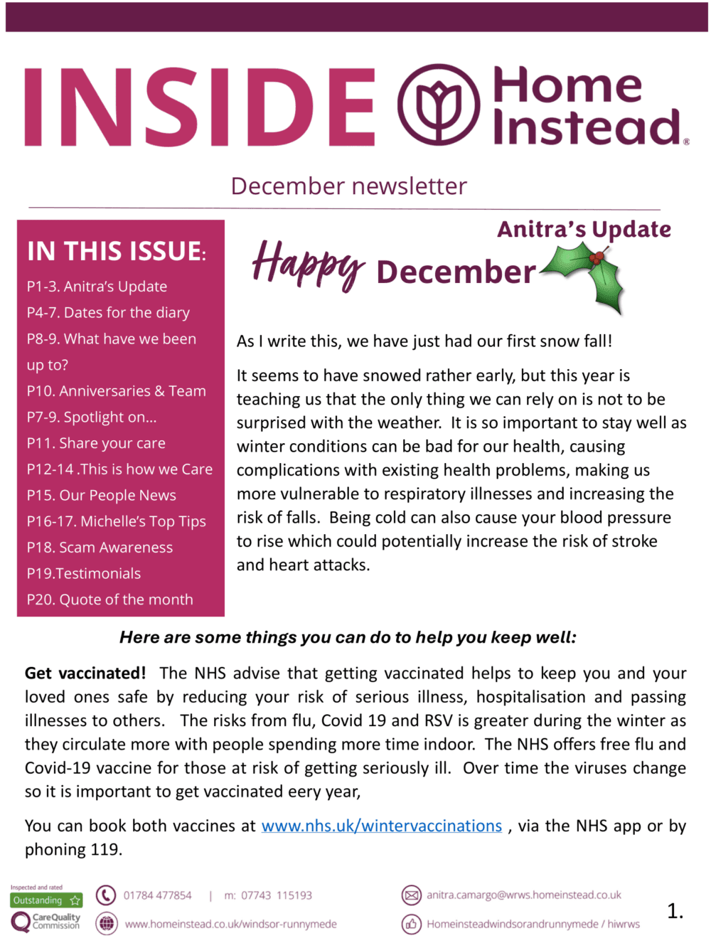 Home Instead December newsletter featuring winter health tips, flu vaccine advice, and a message from Anitra. - Home Instead