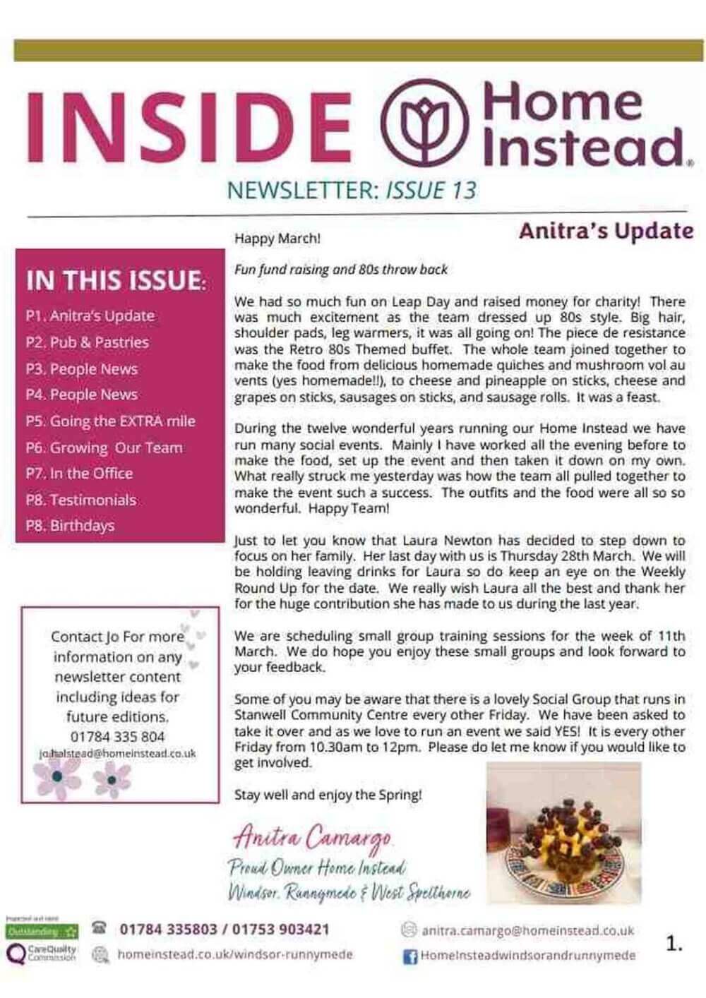 Front cover of Inside Homestead Newsletter Issue 13 with various sections and a welcome message from Anitra. - Home Instead