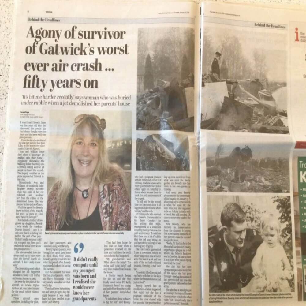 Newspaper spread featuring a Gatwick air crash survivor's story, with images of wreckage, a woman, and a family photo. - Home Instead