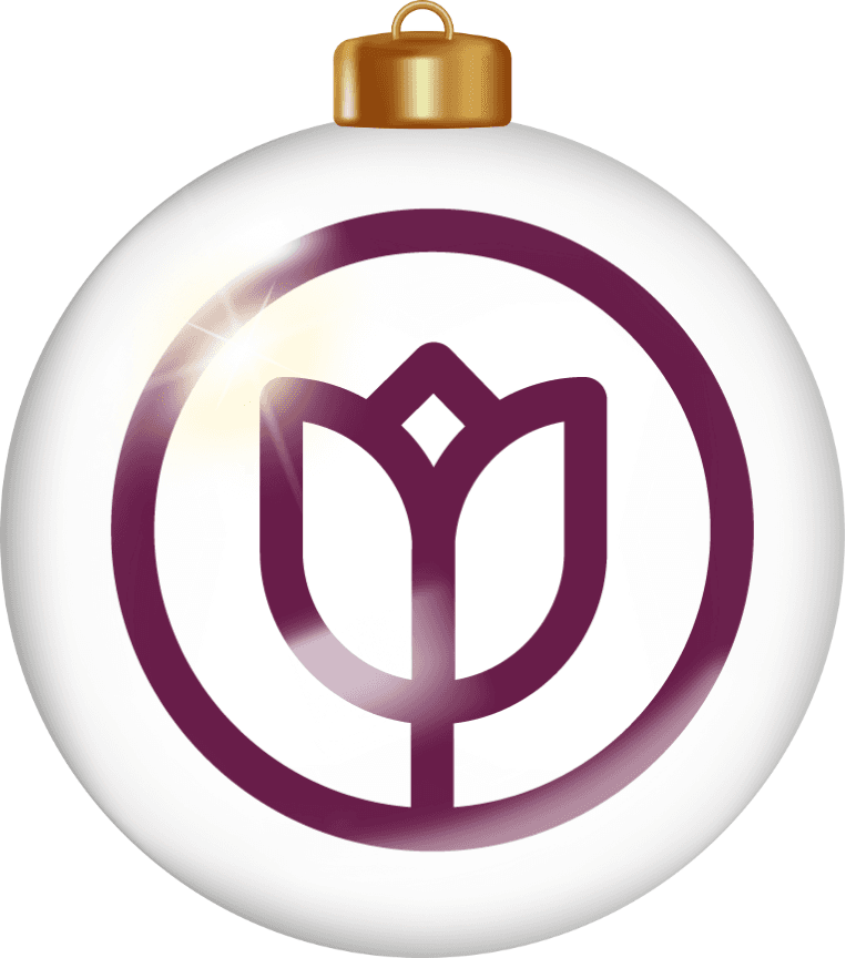 White ornament with a gold top, featuring a purple tulip icon inside a circle and a bright light reflection. - Home Instead