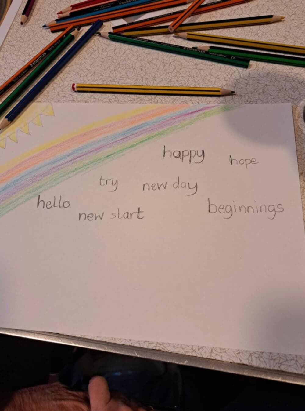 A drawing with colored pencils, a rainbow, and positive words like "happy," "hope," "new start," and "beginnings. - Home Instead