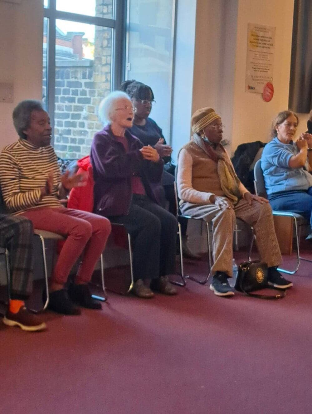 A diverse group of elderly people sitting on chairs in a circle, clapping their hands in a room with a large window. - Home Instead