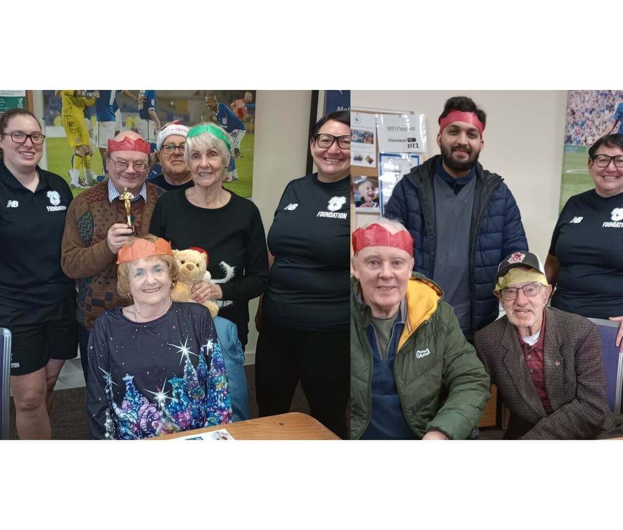 A group of people, some wearing festive hats, smile together in a cheerful indoor setting. - Home Instead