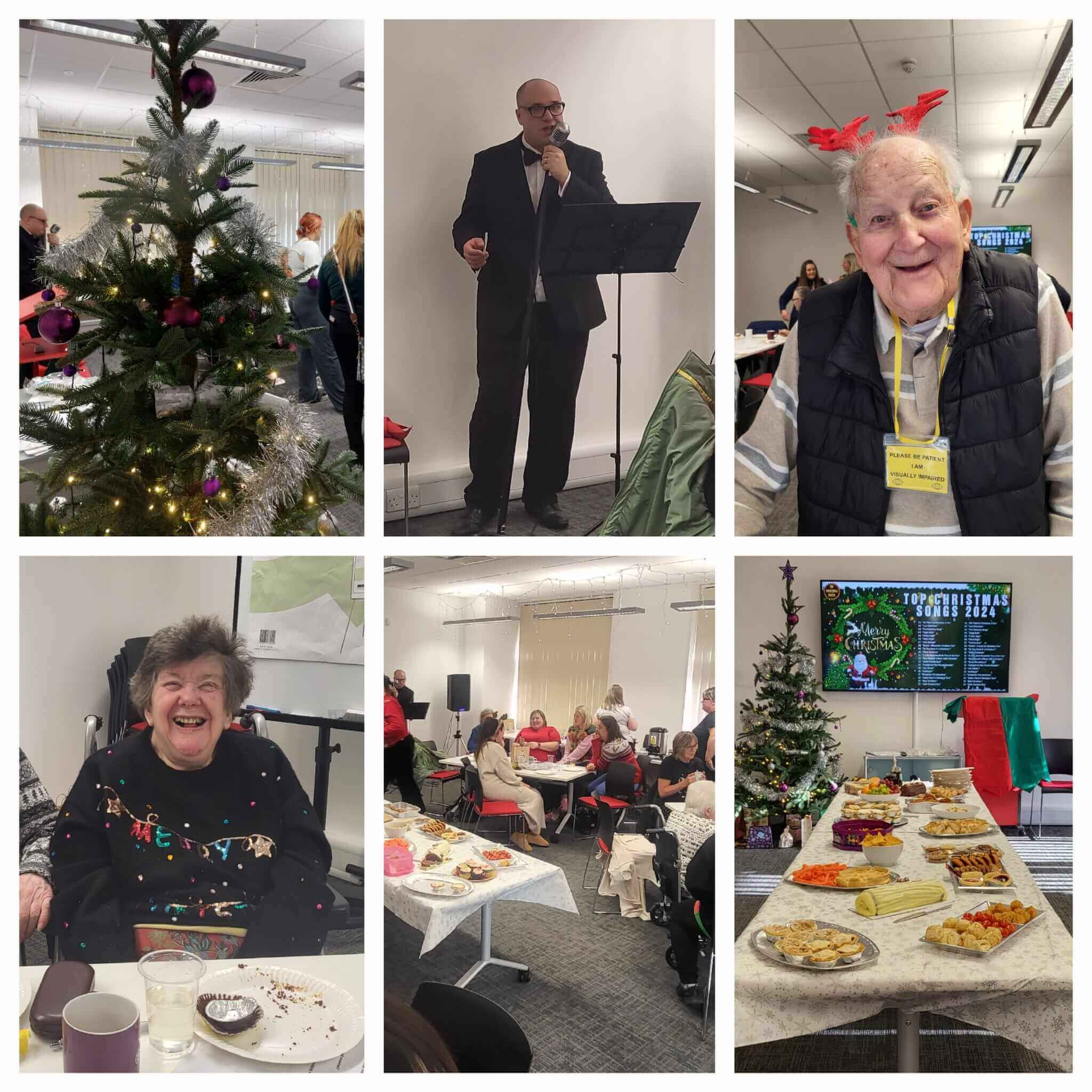 A festive gathering with a decorated tree, a man singing, two smiling people, and a table of varied holiday foods. - Home Instead