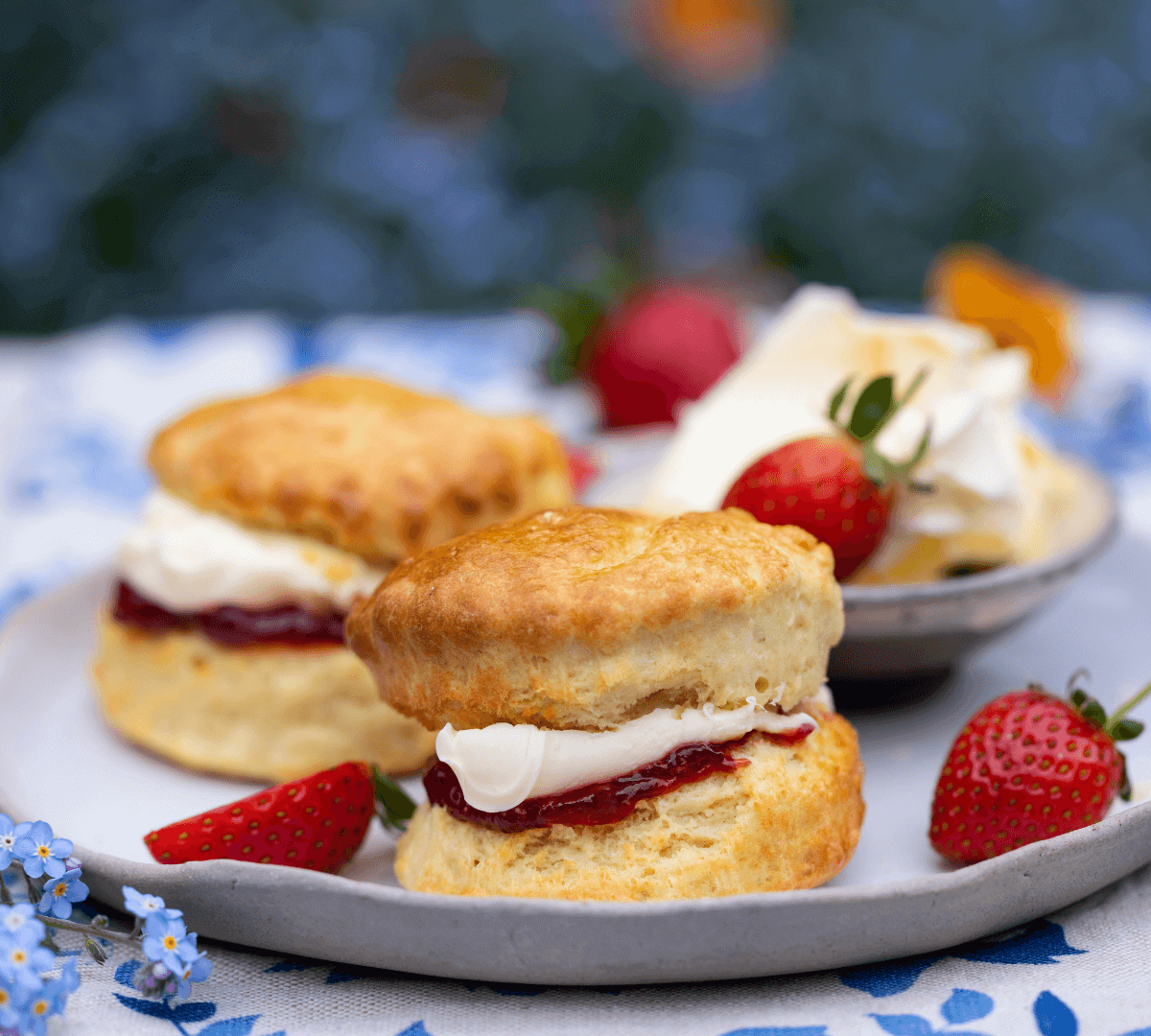 Two scones with cream and jam on a plate, garnished with fresh strawberries and a bowl of cream in the background. - Home Instead