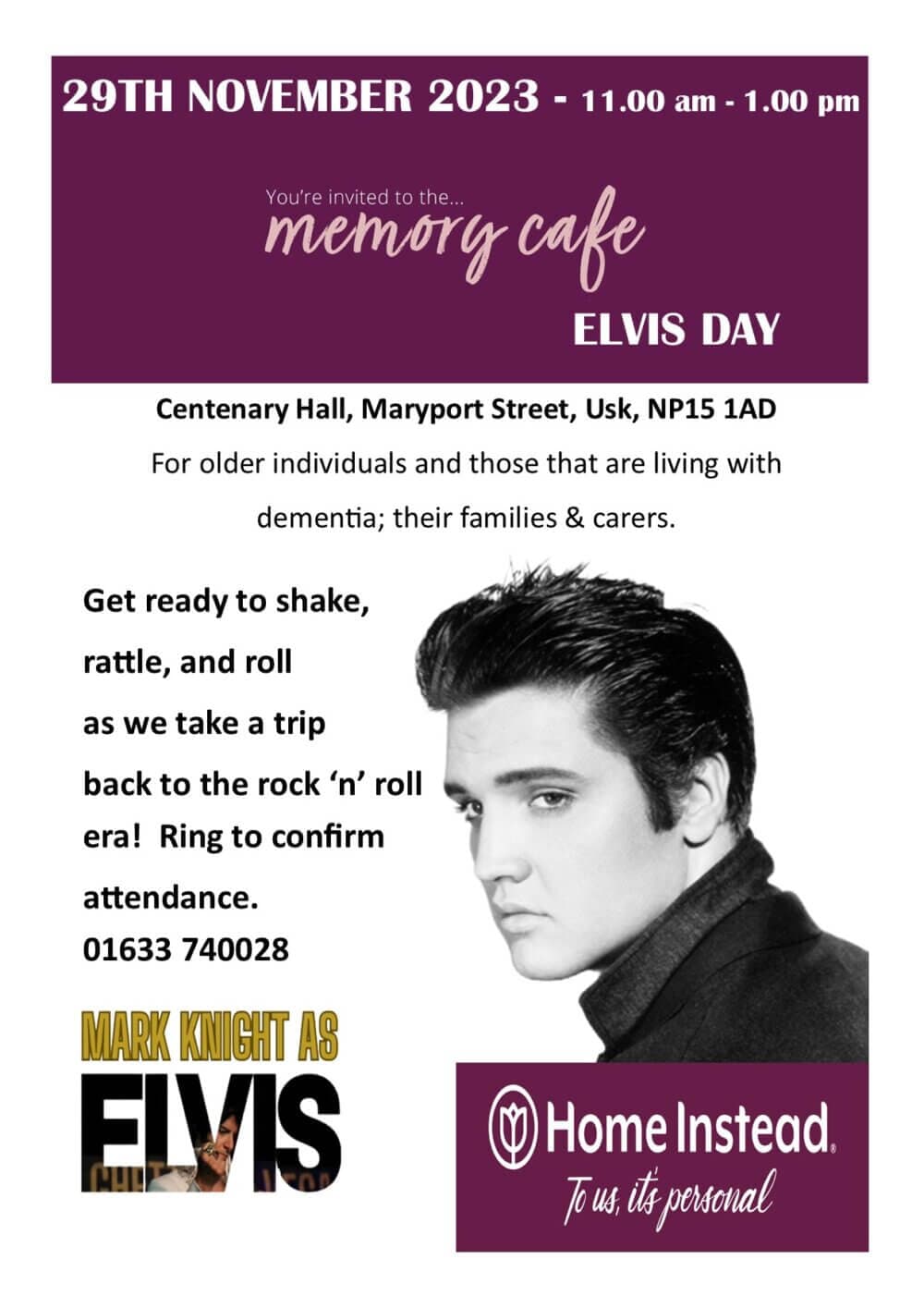Flyer for a memory cafe event themed "Elvis Day" on November 29, 2023, with a vintage photo of Elvis Presley and event details. - Home Instead