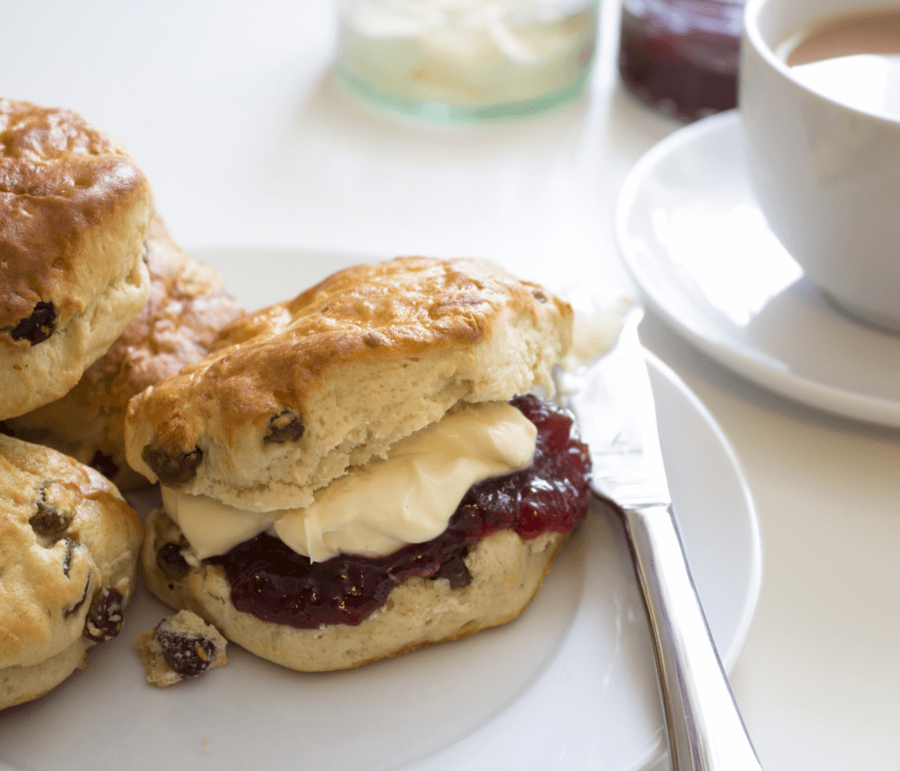 A scone with cream and jam on a white plate, accompanied by a knife and a cup of tea. - Home Instead