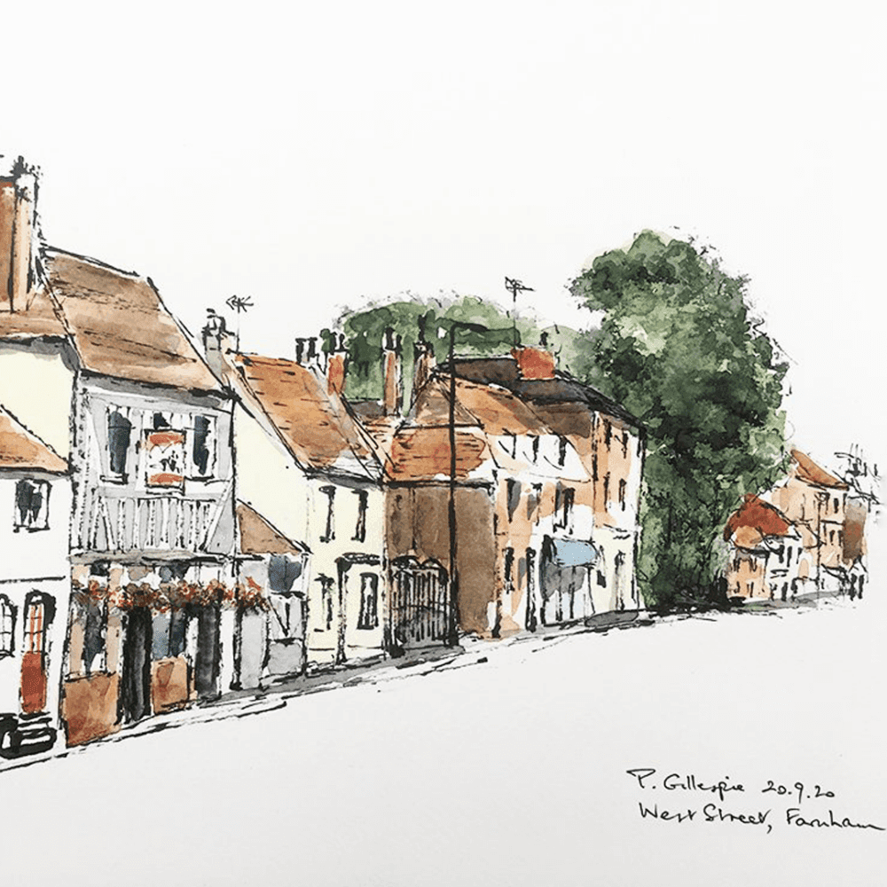 Sketch of a quaint street with houses, chimneys, and trees. The artist's signature and date are visible in the corner. - Home Instead