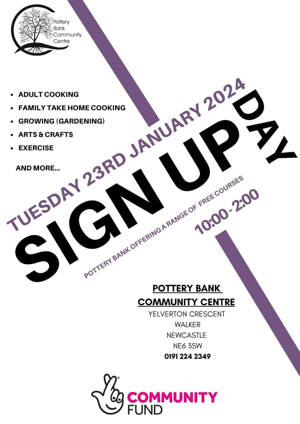Flyer for a sign-up day on January 23, 2024, for free courses at Pottery Bank Community Centre, Newcastle. - Home Instead