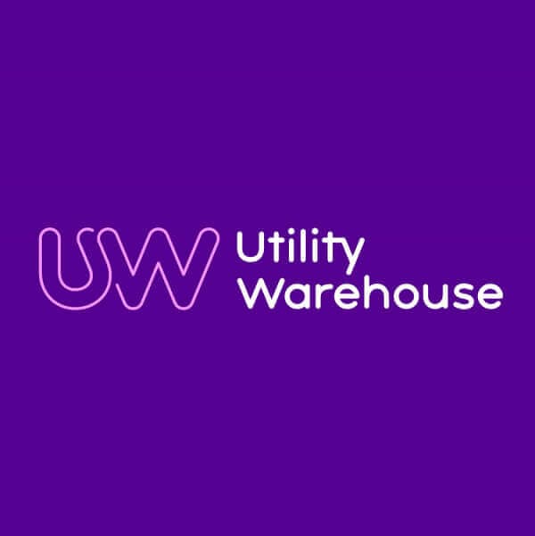 Purple background with white text reading "UW Utility Warehouse" with the "UW" in stylized letters on the left. - Home Instead
