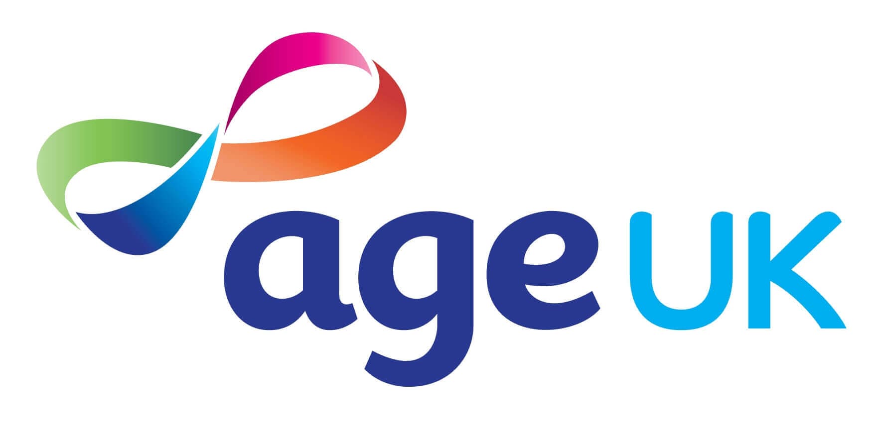 Logo of Age UK with a colorful ribbon graphic and the text "age UK" in blue. - Home Instead