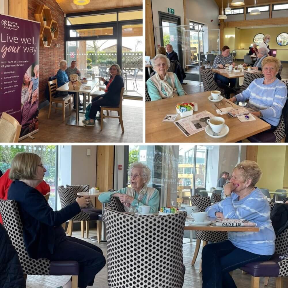 Four images of elderly people enjoying coffee and conversation in a cozy café with large windows and wooden decor. - Home Instead