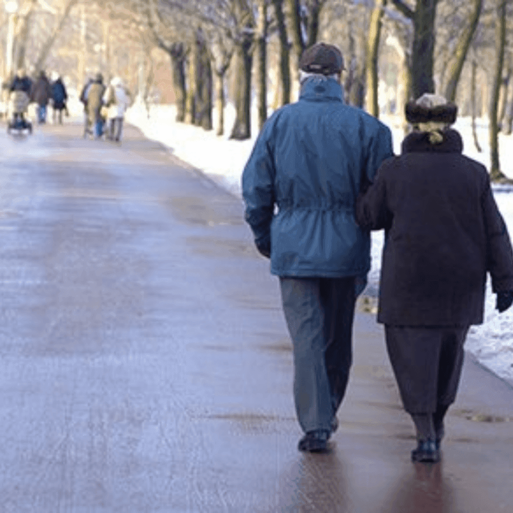 A couple walking hand in hand down a tree-lined path on a winter day. Others are walking in the distance. - Home Instead