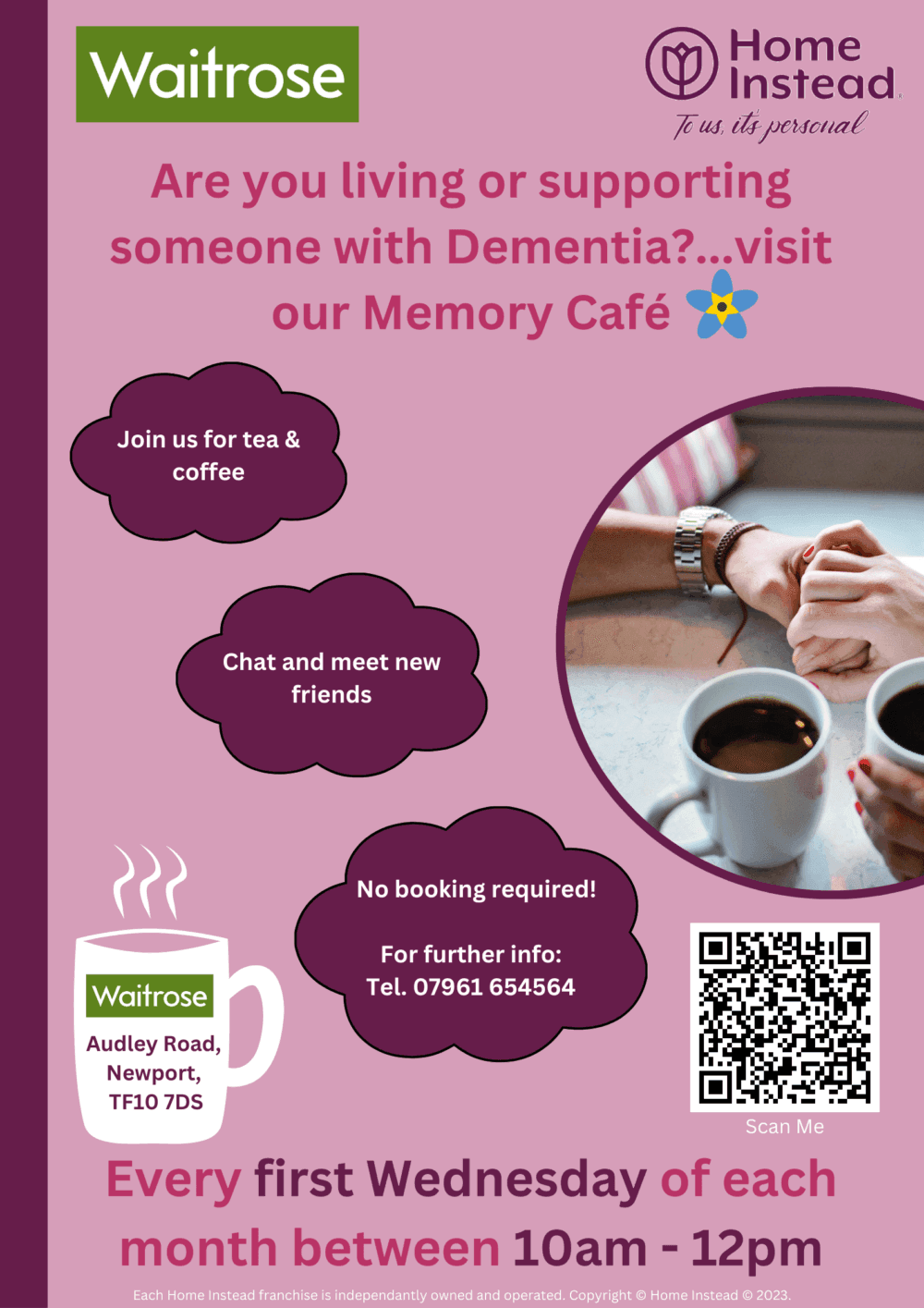 Flyer for a Memory Café for people living with dementia, hosted by Waitrose and Home Instead, featuring tea and coffee. - Home Instead
