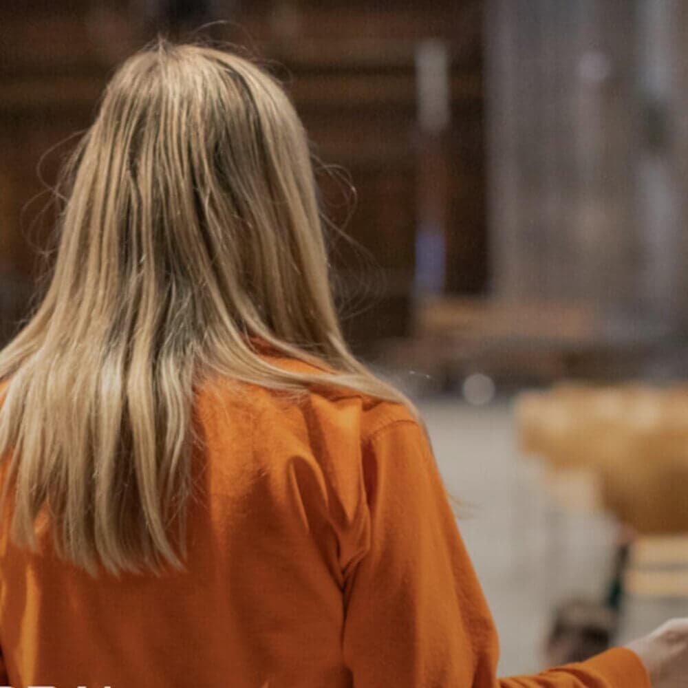 Person with long blonde hair wearing an orange shirt, viewed from behind in a blurred indoor setting. - Home Instead