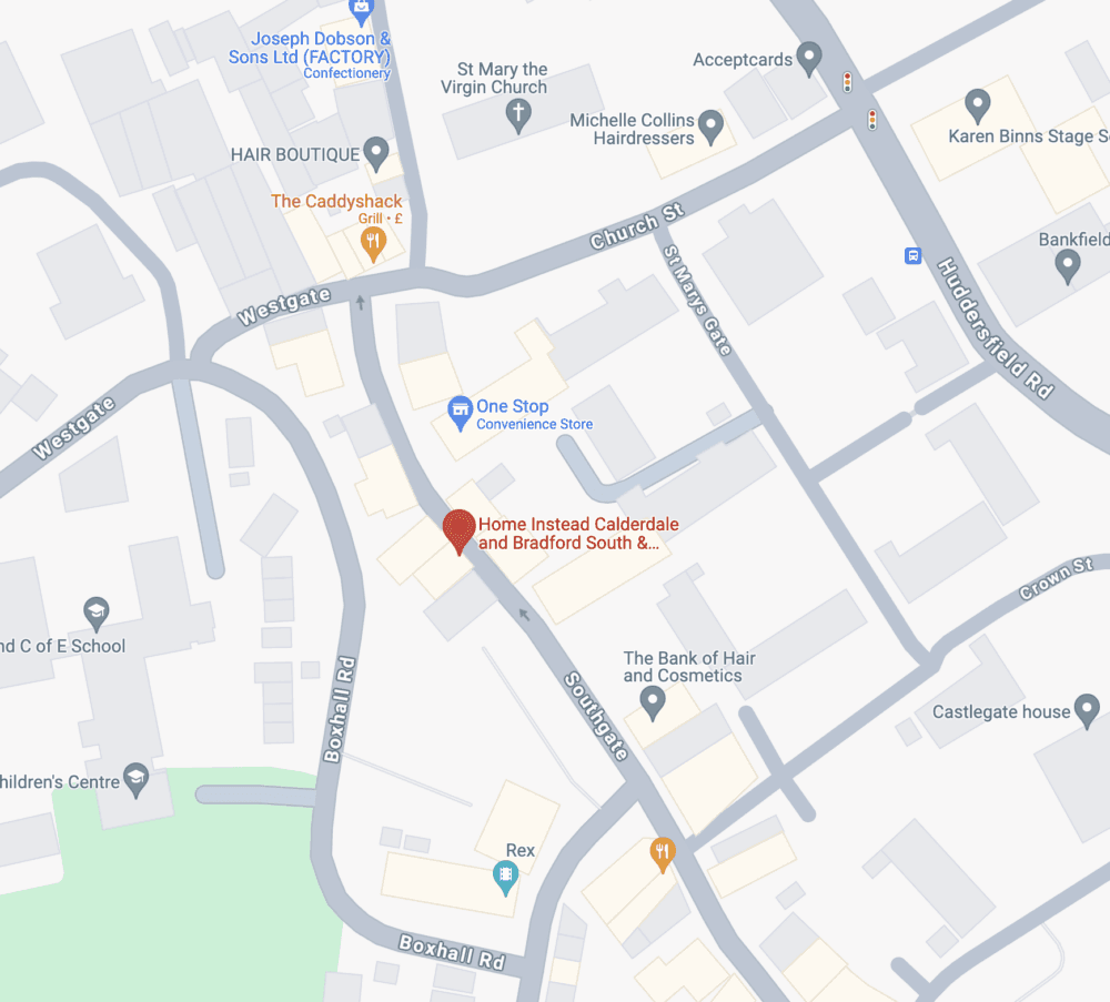 Map showing location of Home Instead Calderdale and Bradford South, near Brook Street and Bohn Farm Estate, with nearby landmarks. - Home Instead
