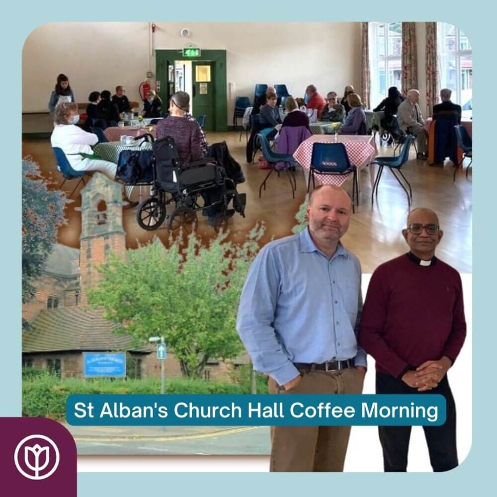 People gathered at St Alban's Church Hall for coffee morning; two men stand in front of church exterior. - Home Instead