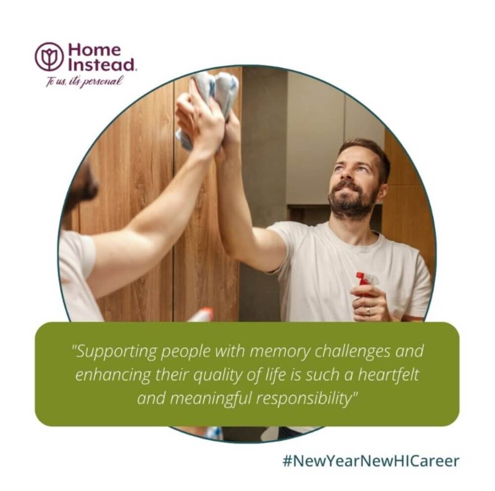 A man cleaning a mirror, representing home care work. Text reads, "Supporting people with memory challenges." #NewYearNewHICareer. - Home Instead