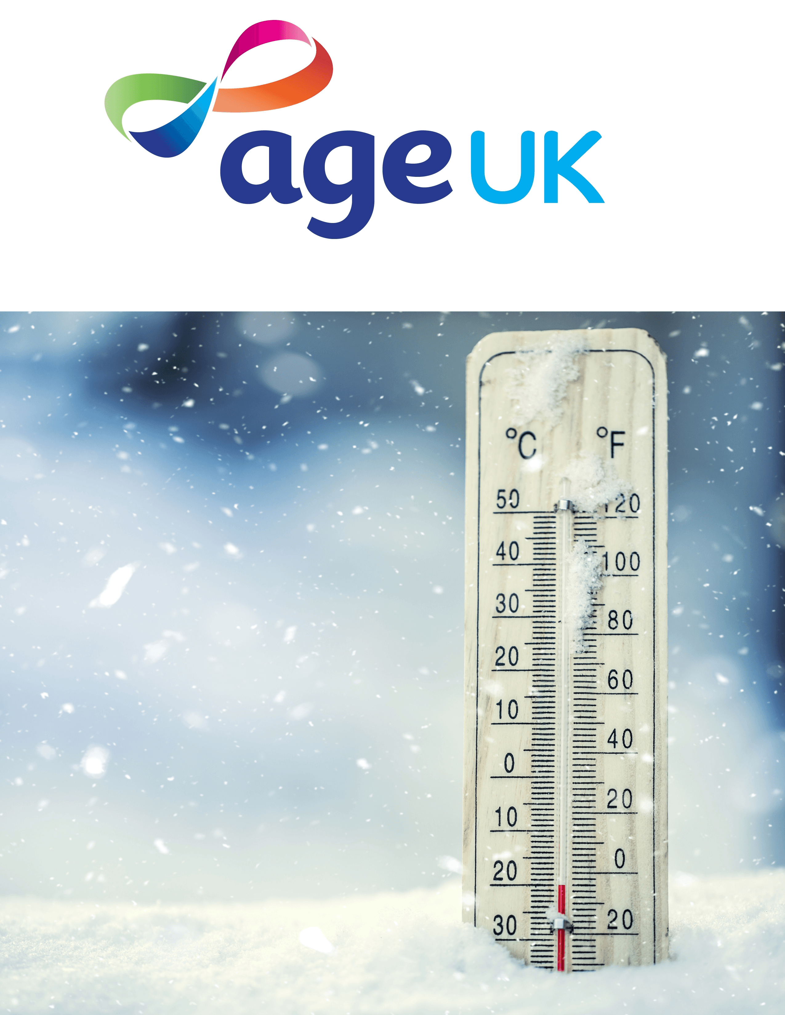 Age UK logo above an outdoor thermometer displaying a cold temperature with snow falling around it. - Home Instead