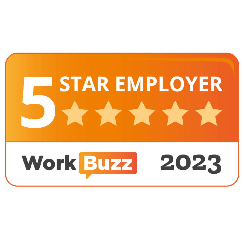A badge with 5 gold stars, labeled "5 Star Employer" and "WorkBuzz 2023" on an orange and white background. - Home Instead
