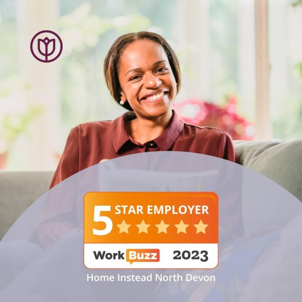 Smiling person next to a "5 Star Employer" badge from WorkBuzz 2023 for Home Instead North Devon. - Home Instead