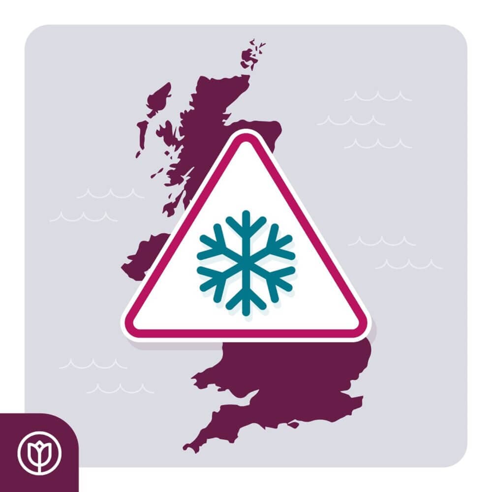 Map of UK with snowflake warning sign overlay, indicating weather alert. - Home Instead