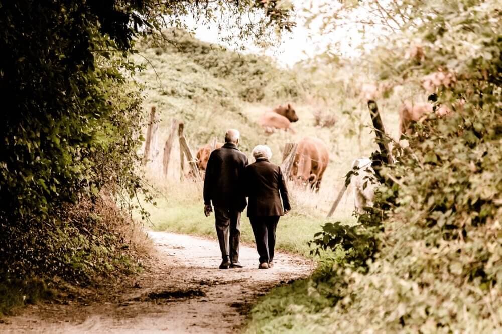 An elderly couple stay active together on country walks in hagley
