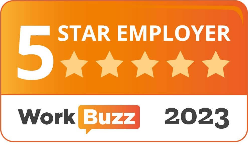5 Star Employer WorkBuzz 2023 award with orange and white background featuring five gold stars. - Home Instead