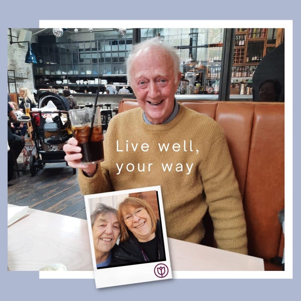 Elderly man smiling, holding a drink at a café; inset photo of two elderly women smiling together. - Home Instead