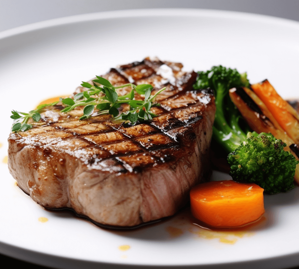 Grilled steak with herbs, served with broccoli and carrot slices, on a white plate. - Home Instead