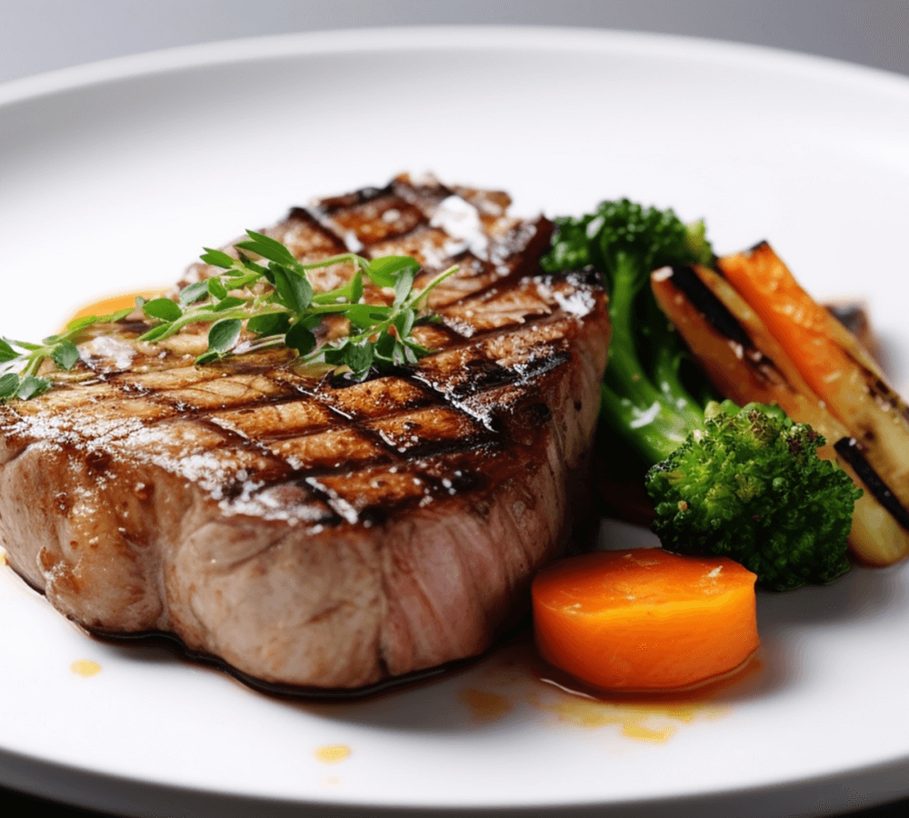 Grilled steak served on a white plate with broccoli, carrots, and garnished with fresh herbs. - Home Instead