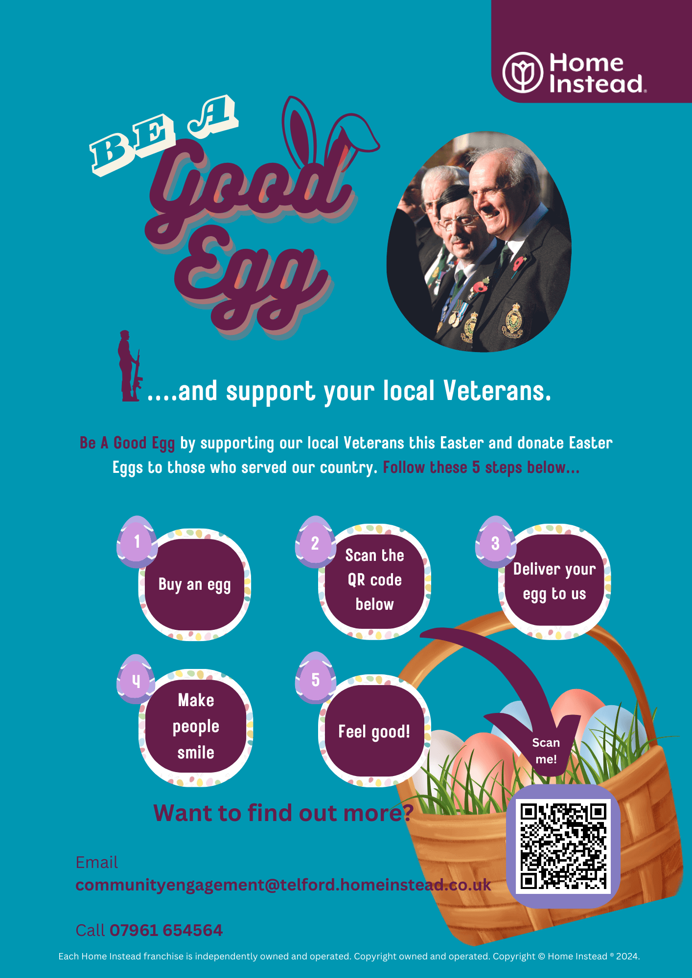 Flyer supporting local veterans this Easter, encouraging donations of Easter eggs with instructions on how to participate. - Home Instead